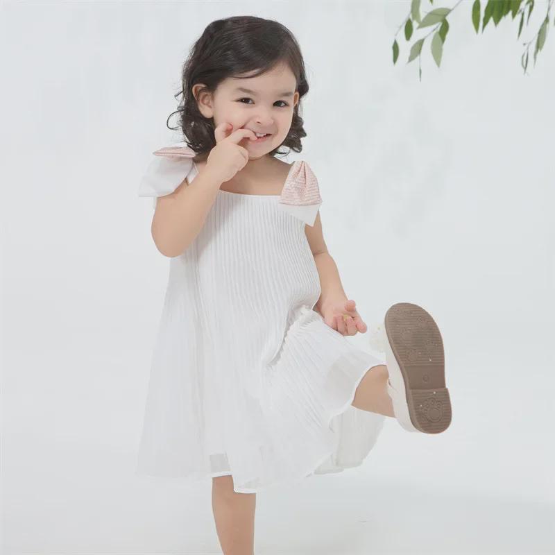 Pleated Chiffon Summer Princess Dress with Big Bow for Girls