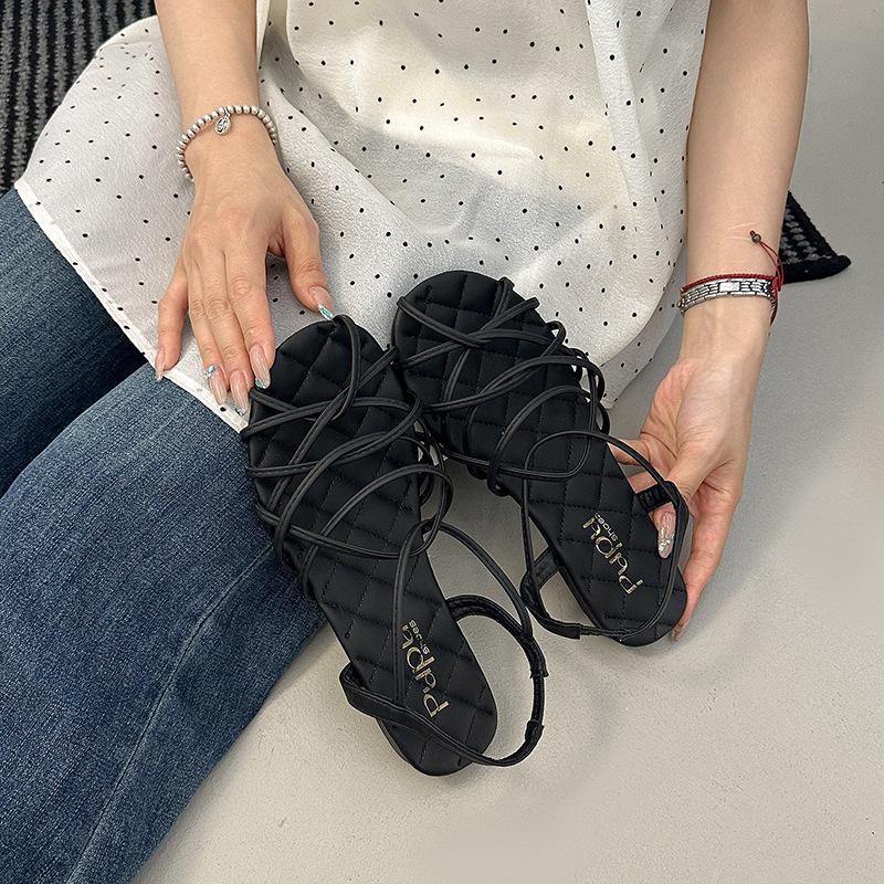 Французские ретро-сандалии с плетеной лентой, открытым носком, женские, летние 2025, новые, универсальные, на плоской подошве, римские сандалии