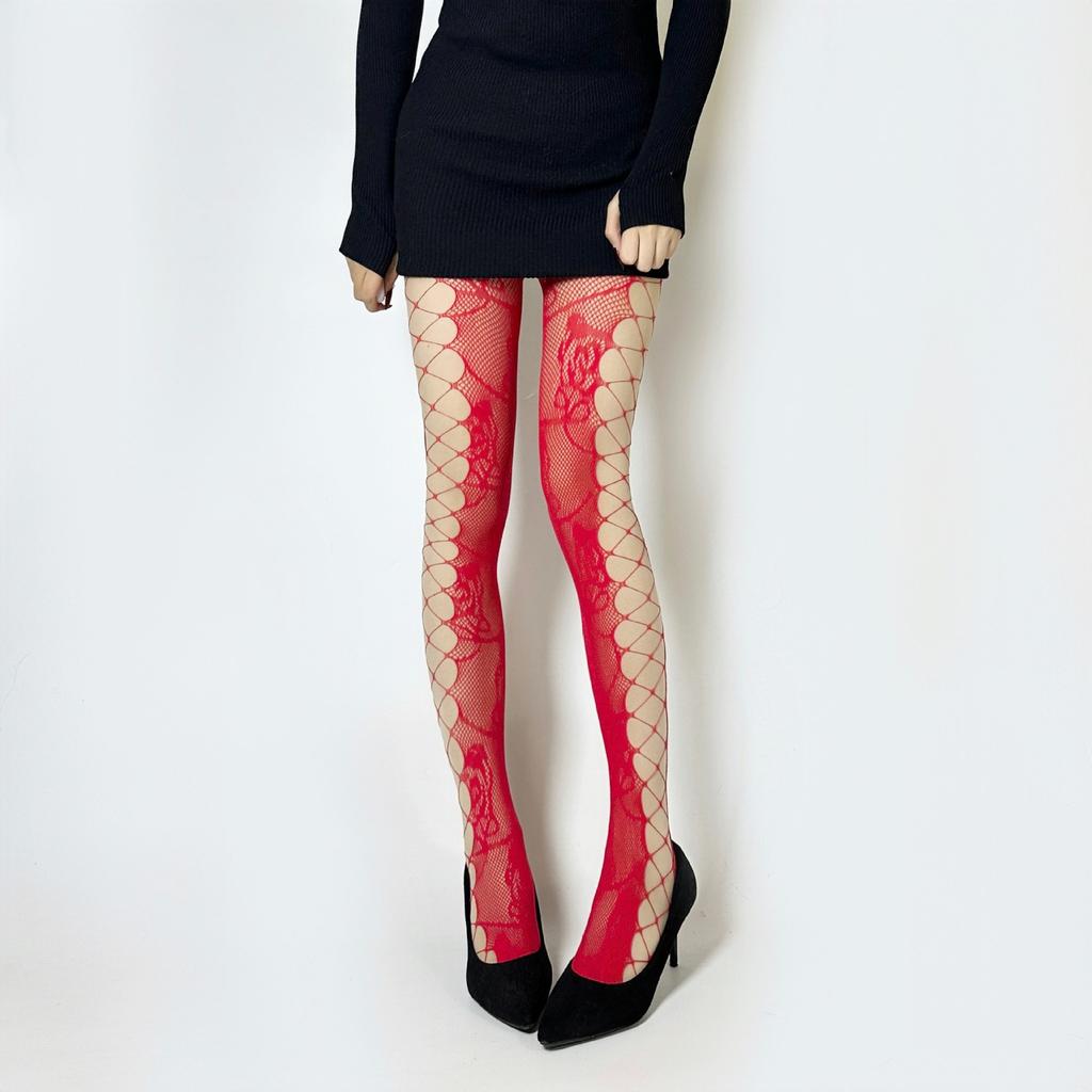 Millennial-style hot girl fishnet pantyhose with side cutouts, sexy and alluring, with integrated garter belt and rose jacquard design