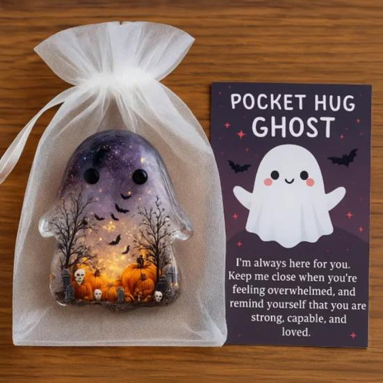1/2/4/5Pcs Pocket Hug Ghost with Positive Card Emotional Support Ghost Token Mini Halloween Cartoon Ghost Statue Inspirational Gift