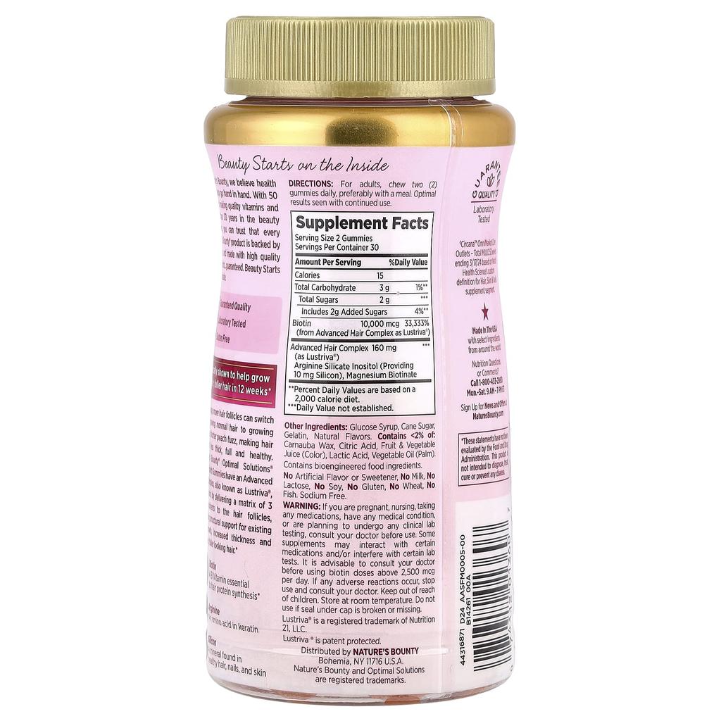 Nature's Bounty Hair Growth Gummies, Peach Mango, 60 Gummies