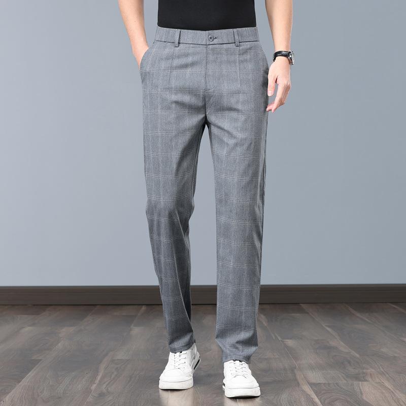 Summer Thin Plaid Formal Stretch Pants Men Slim Business Grey Black Casual Pant Fashion Male Clothing England Trousers
