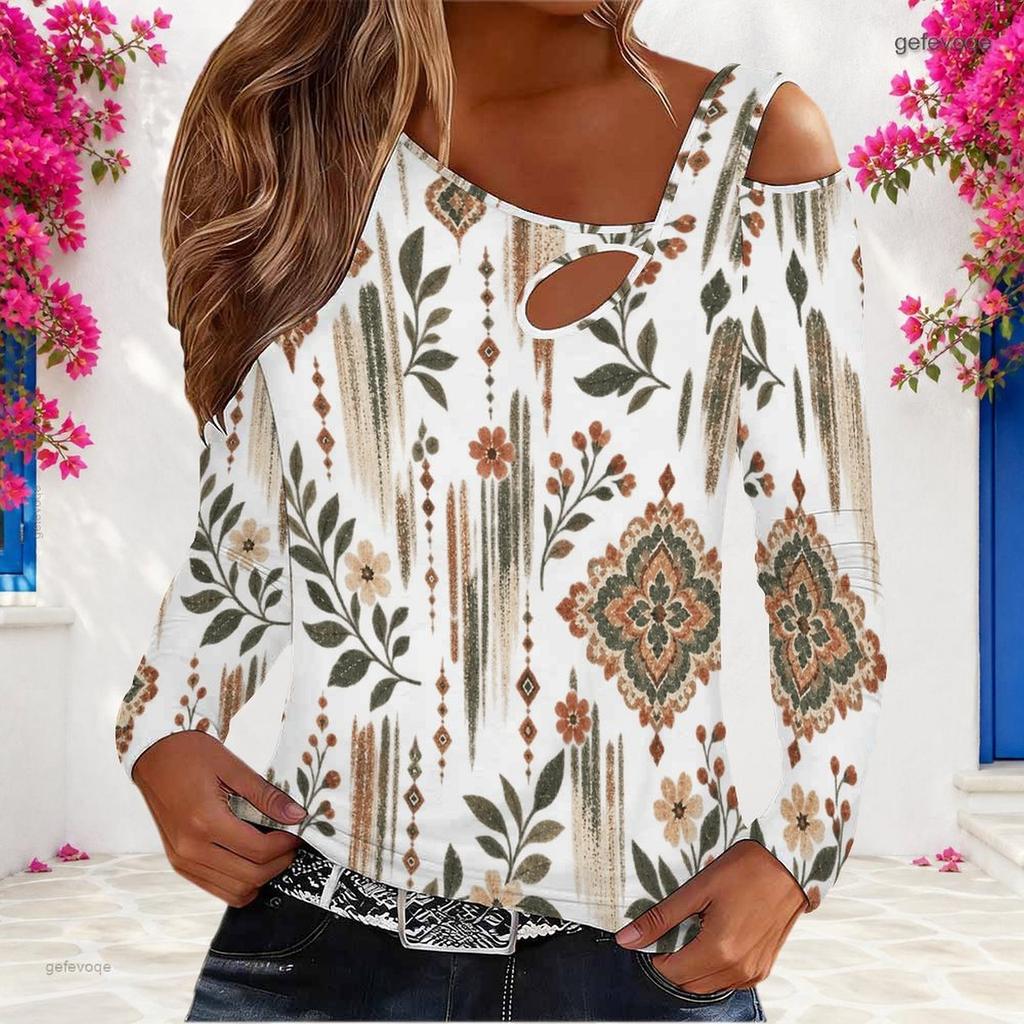 Women Plus Size Asymmetric Cutout Neck Cold Shoulder Long Sleeve Paisley Printed Blouse