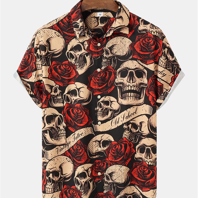 Короткая мужская рубашка с рисунком черепа и принтом на гавайском пляже для отдыха