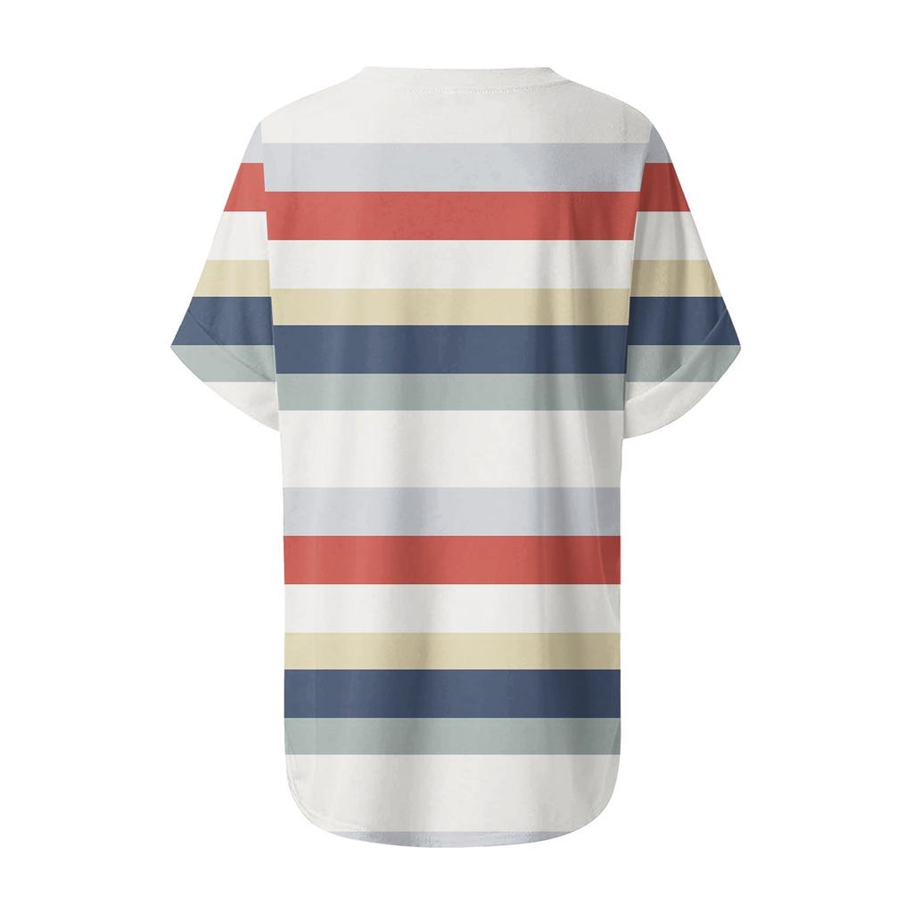 Модный топ с карманом, V-образным вырезом, коротким рукавом, полосатым принтом, футболка