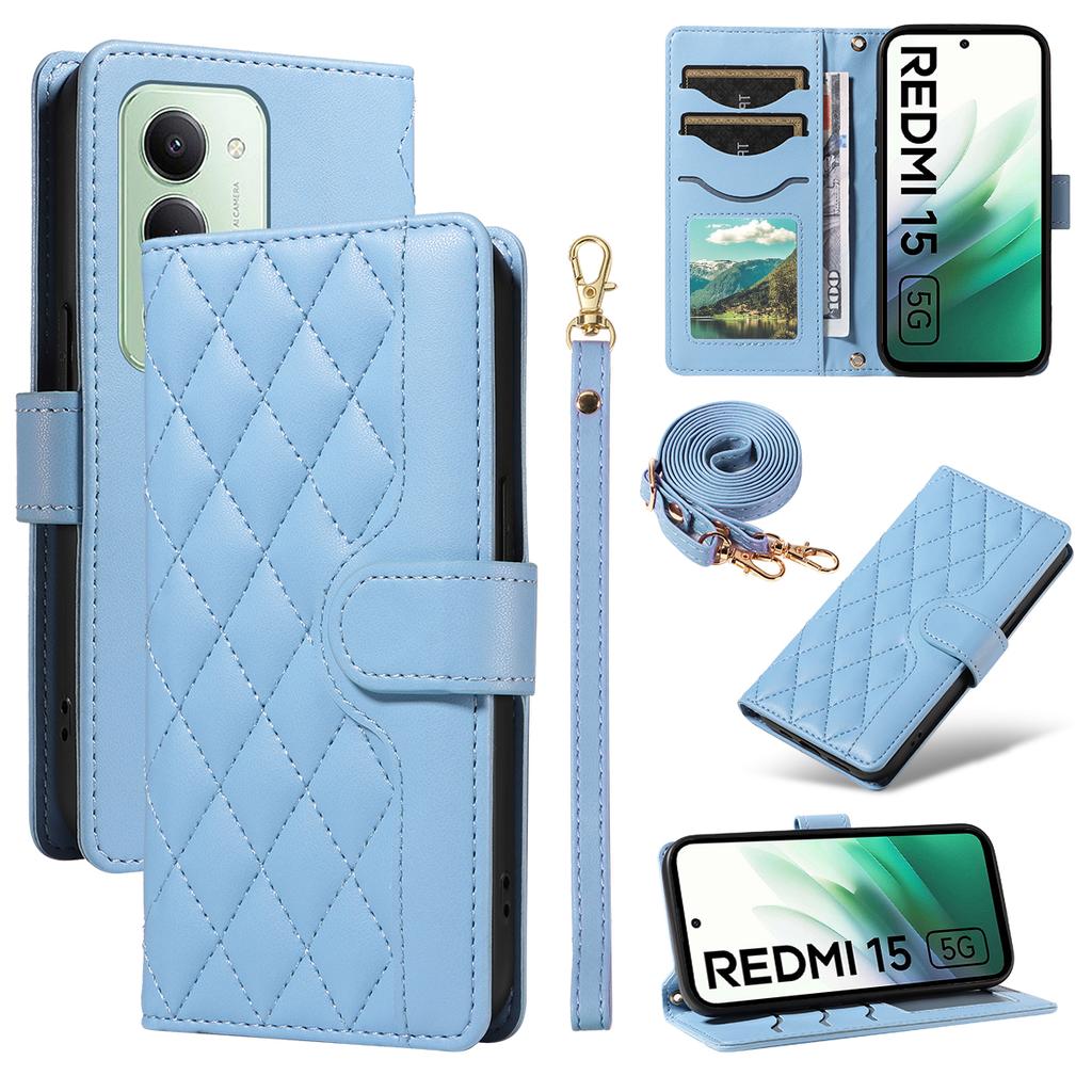 Для Xiaomi Redmi 15 5G (Глобальный) (169 мм) Чехол-кошелек Ромбовидный кожаный чехол для телефона с ремешком