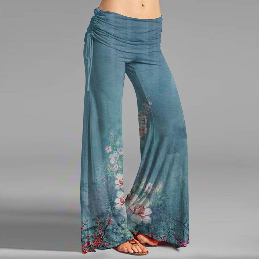 Женские модные повседневные расклешенные брюки с кулиской и винтажным принтом, широкие брюки