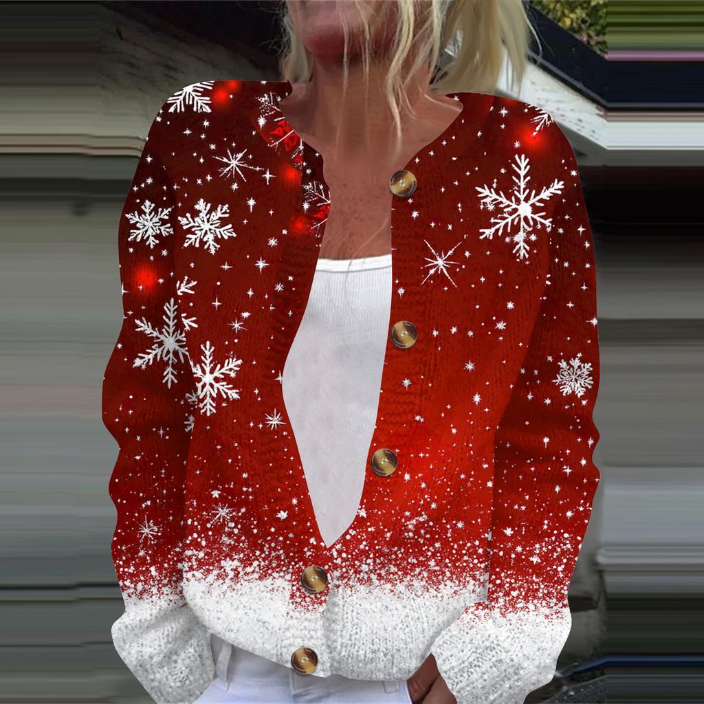 Women's Fashion Christmas Printed Long Sleeve Knitted Cardigan Button Down Jacket