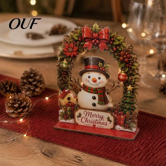 Durable Wooden Holiday Art Christmas Santa Claus/Snowman Tabletop Ornaments with Arched Door, Decorative Display Figures Detachable Base for