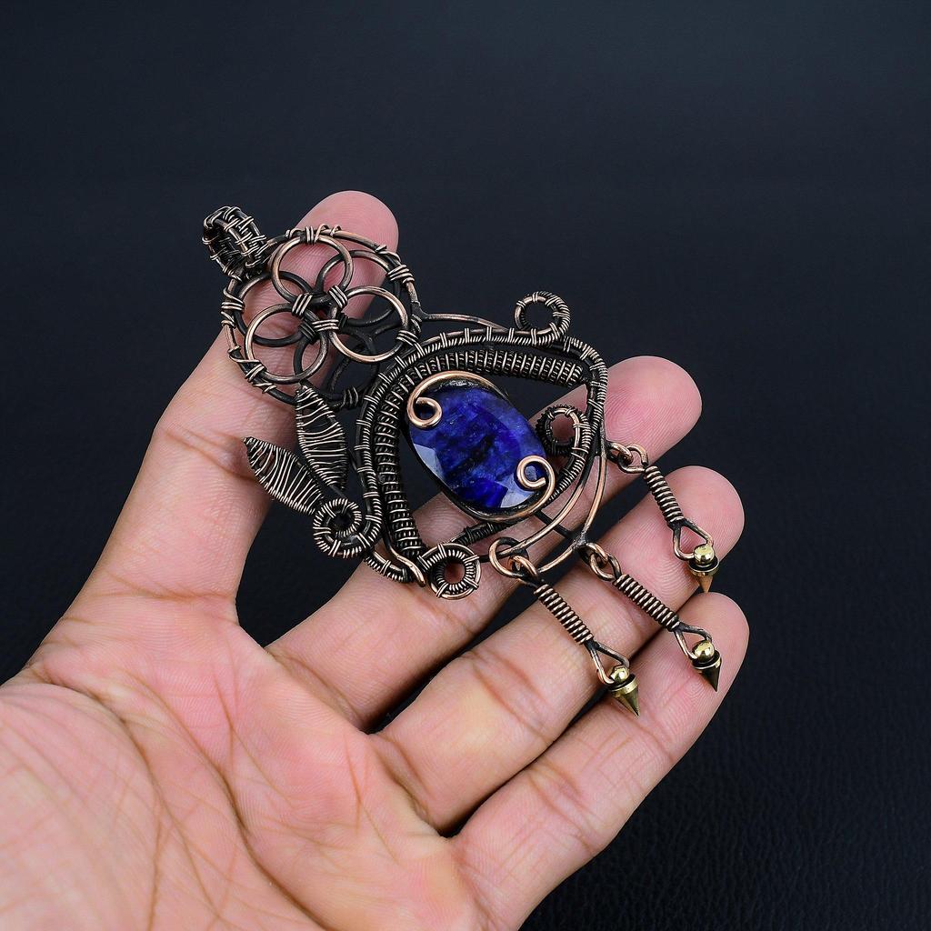 Кулон с синим сапфиром, Кулон с драгоценным камнем ручной работы, Кулон, обернутый медной проволокой 999 пробы, Антикварное украшение, Для подарка на помолвку