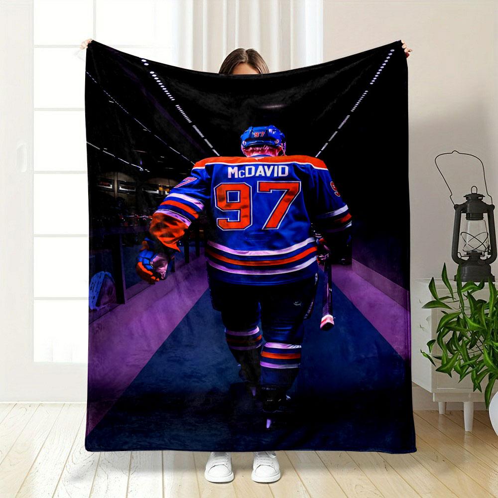 Hockey Player in Blue and Orange Jersey Patterned blanket, flannel, suitable for all seasons, home decor, warm and cozy
