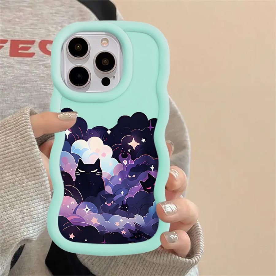 Чехол для iPhone 16 Pro Max XR 17 Air 15 Plus 8 13 11 12 14 Мягкий чехол для телефона Черный кот Звездная ночь