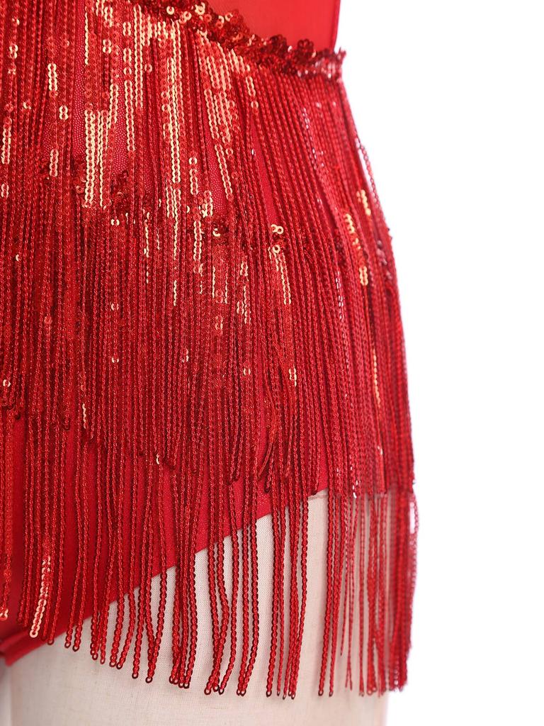 Женский боди для латиноамериканских танцев с дизайном из пайеток и кисточек, без рукавов, с вырезом на спине, металлический, блестящий, пэчворк