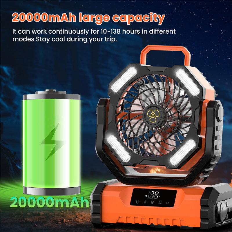 20000mAh Battery Operated Fan, Portable Rechargeable Desk/Camping Fan with LED Light and Hook, Outdoor Fan for Tent Car Trip