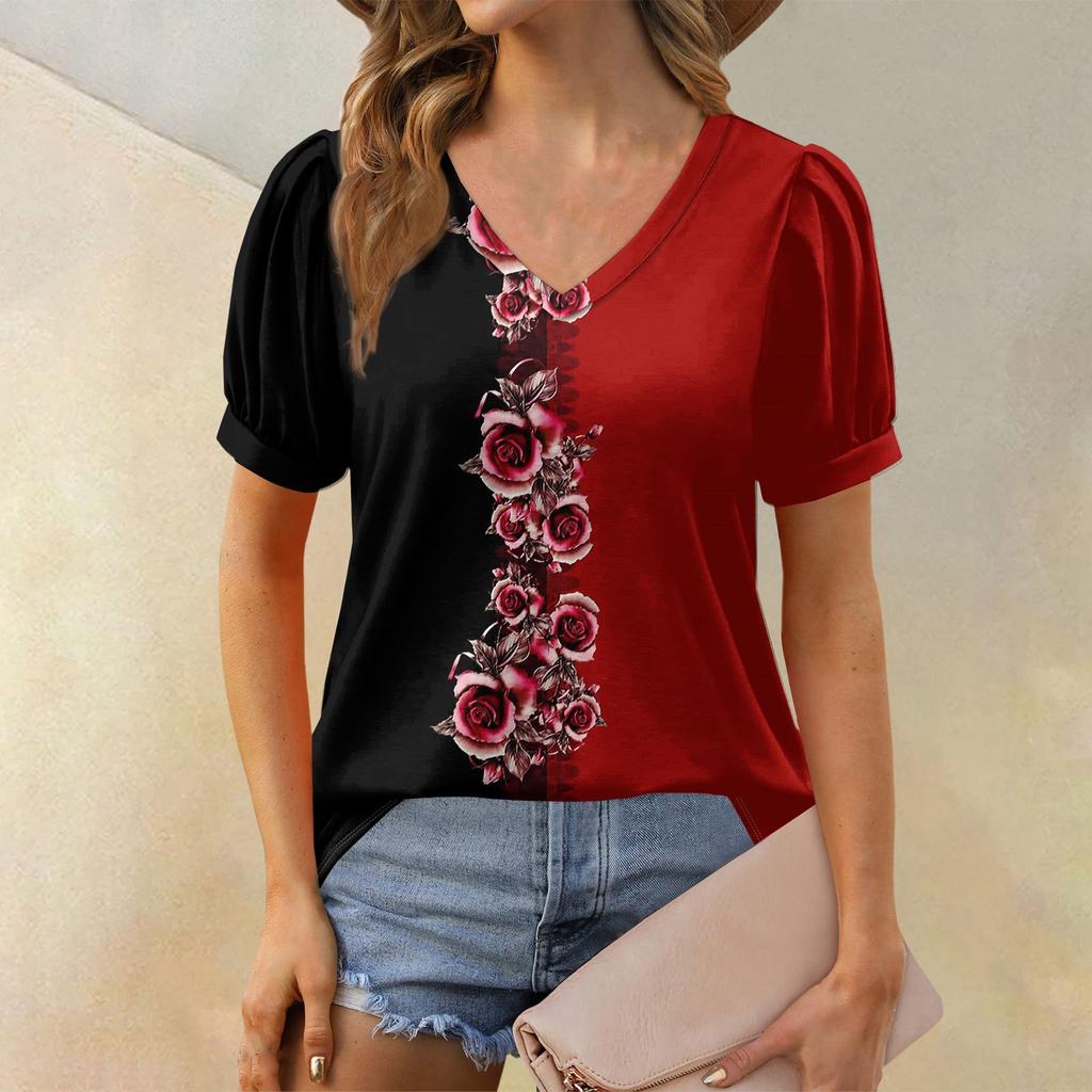 Женская модная футболка с коротким рукавом и V-образным вырезом, с цветочным принтом, свободная повседневная футболка