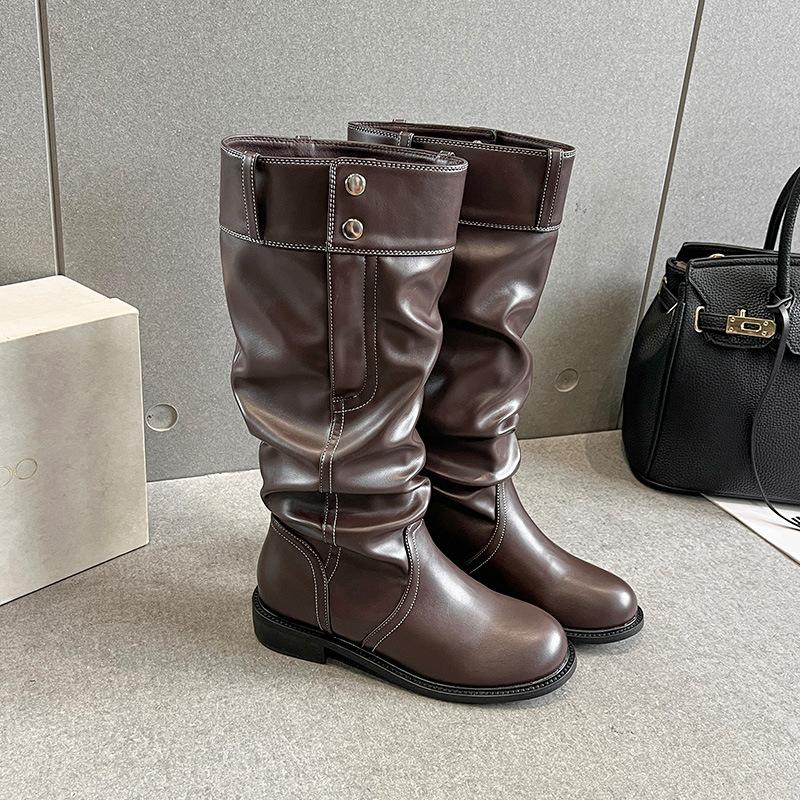 Женские плиссированные сапоги из овчины, новинка начала осени, имитация брюк с одной пряжкой и тонкой кожей, на толстой подошве, сапоги-рыцари на наборном каблуке