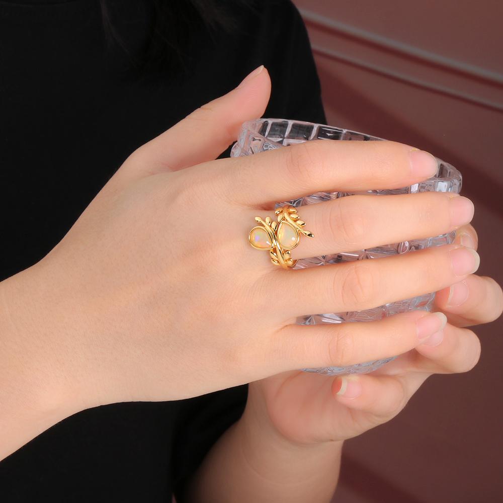 925 Sterling Silver Opalwomen Ring Tree Leaves Design Pear Shape Natural Gemstones Fine Jewelry for Wife Anniversary Birthday Gift