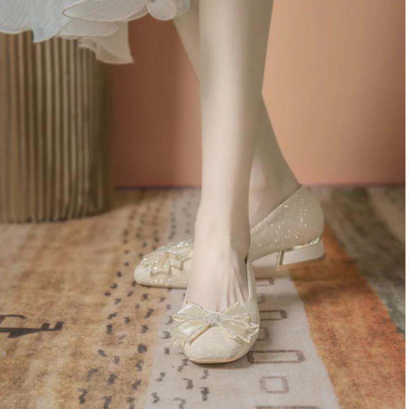 Элегантные туфли подружки невесты во французском стиле, удобные для повседневной носки, на низком толстом каблуке, женские китайские свадебные туфли-одиночки