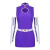 Women Party Outfit Stand Collar Keyhole Front Back Invisible Zipper Dress with Pockets and Metallic Gloves for Halloween Cosplay Stage