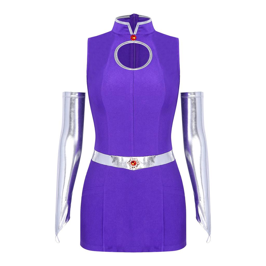 Women Party Outfit Stand Collar Keyhole Front Back Invisible Zipper Dress with Pockets and Metallic Gloves for Halloween Cosplay Stage