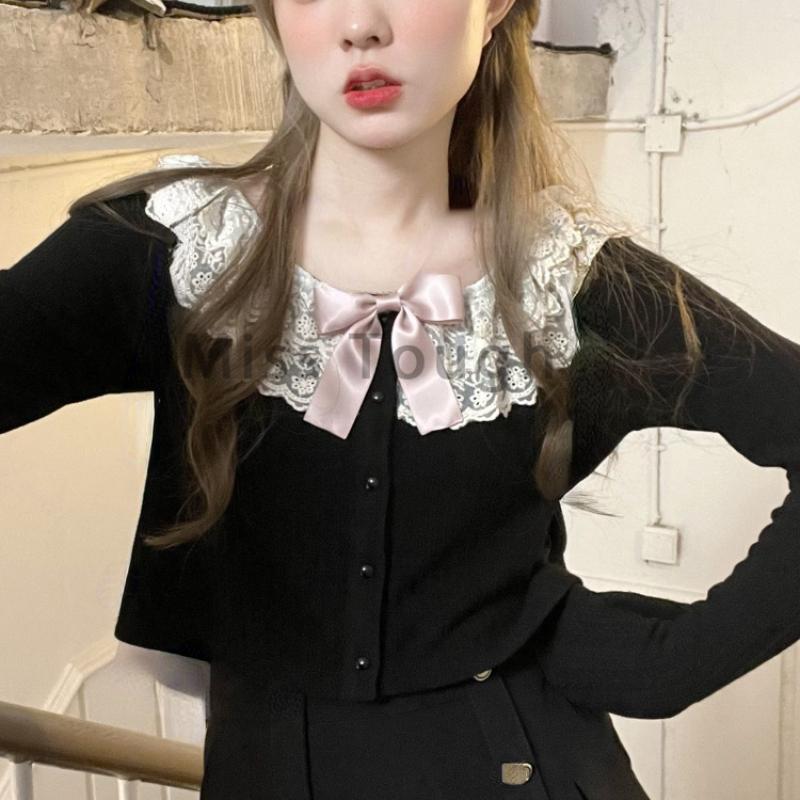 Patchwork Lace Sweet Kawaii Shirt Women Bow-knot Japanese Style Lolita Blouse Female Korean Fashion Long Sleeve Clothes 2023 New