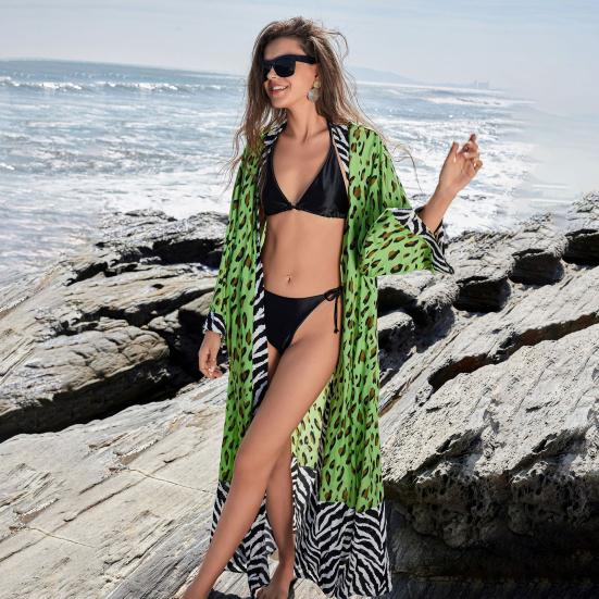 Женский пляжный кардиган с леопардовым принтом, длинный рукав, свободный крой, легкий купальник-бикини с открытым передом, средней длины, пальто