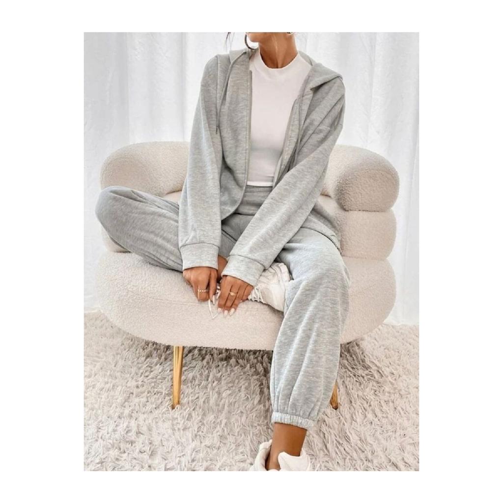 Women's Oversize Gray Zippered Unprinted Tracksuit Set