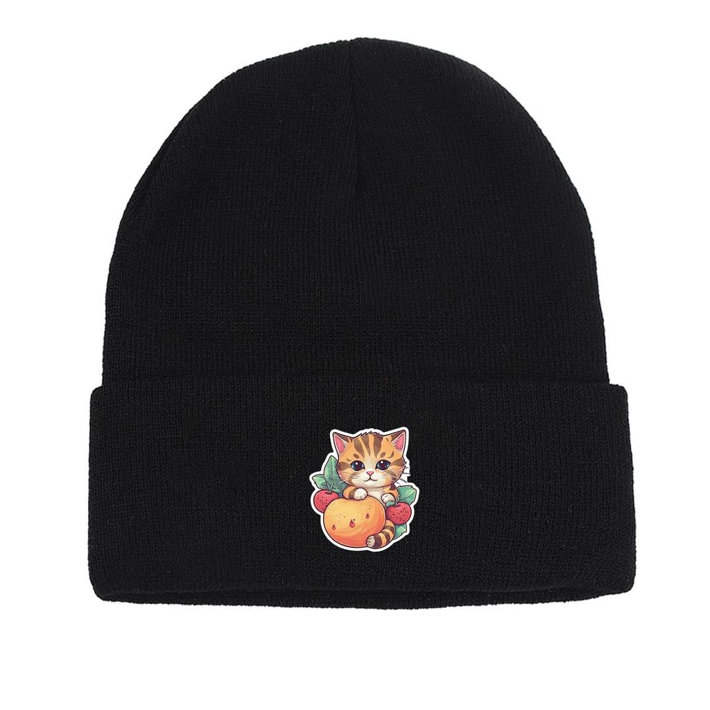 Cat Fruit Print Knitted Cap Beanie, Skull Cap Cancer Chemo Fit Trendy Headwear Knit Hat Beanie