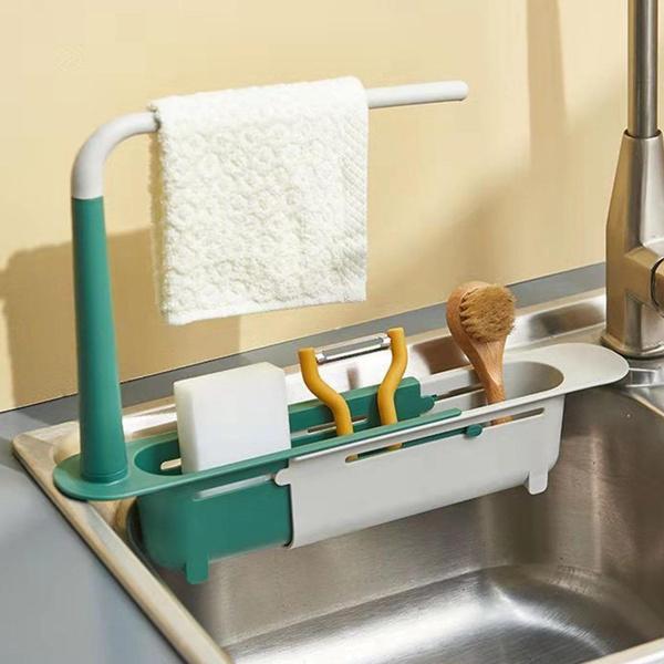 Телескопический кухонный органайзер над раковиной с вешалкой для полотенец, раздвижная тонкая сливная корзина для домашней ванной комнаты