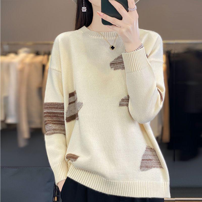 Женский свитер с круглым вырезом, свободный вязаный свитер с цветными блоками для мам на осень и зиму, топ с длинными рукавами