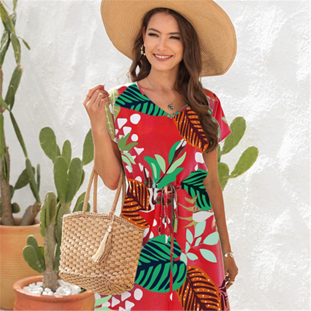 Summer Floral Printing Drawstring Dress V-neck Short Sleeve Vacation Casual Loose Fitting Short Dress