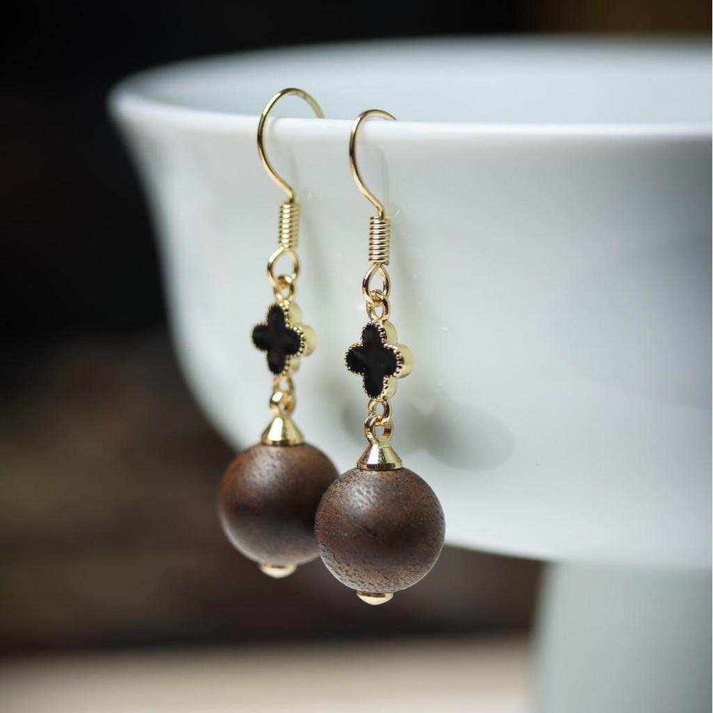 Indonesian Kalimantan Agarwood Earrings: 12mm Grade, 925 Sterling Silver, Gold Plated Studs