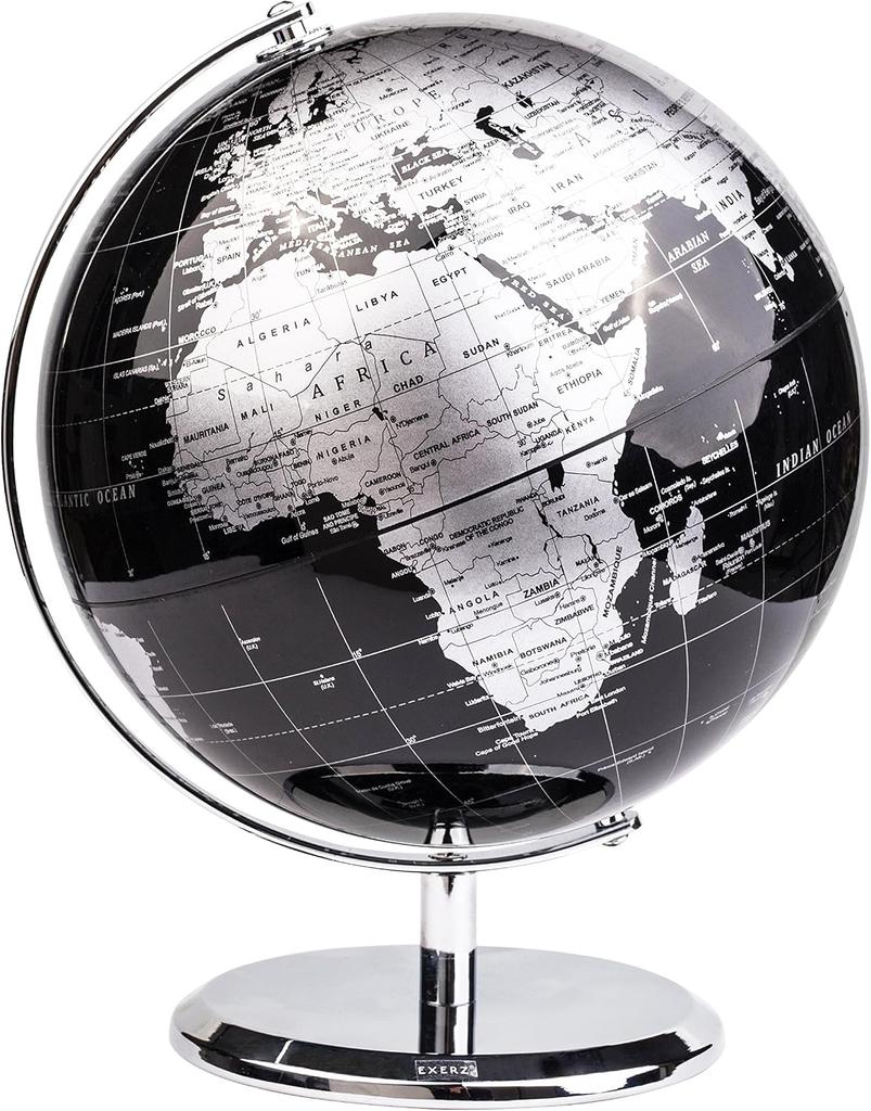 8 Inches Metallic Black World Globe Metal Base for Desk and School