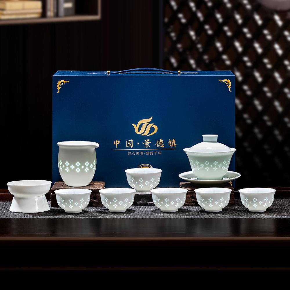 Jingdezhen ceramic tea set, high-grade underglaze color Linglong cover bowl teacup, blue glaze white porcelain white porcelain tea set gift