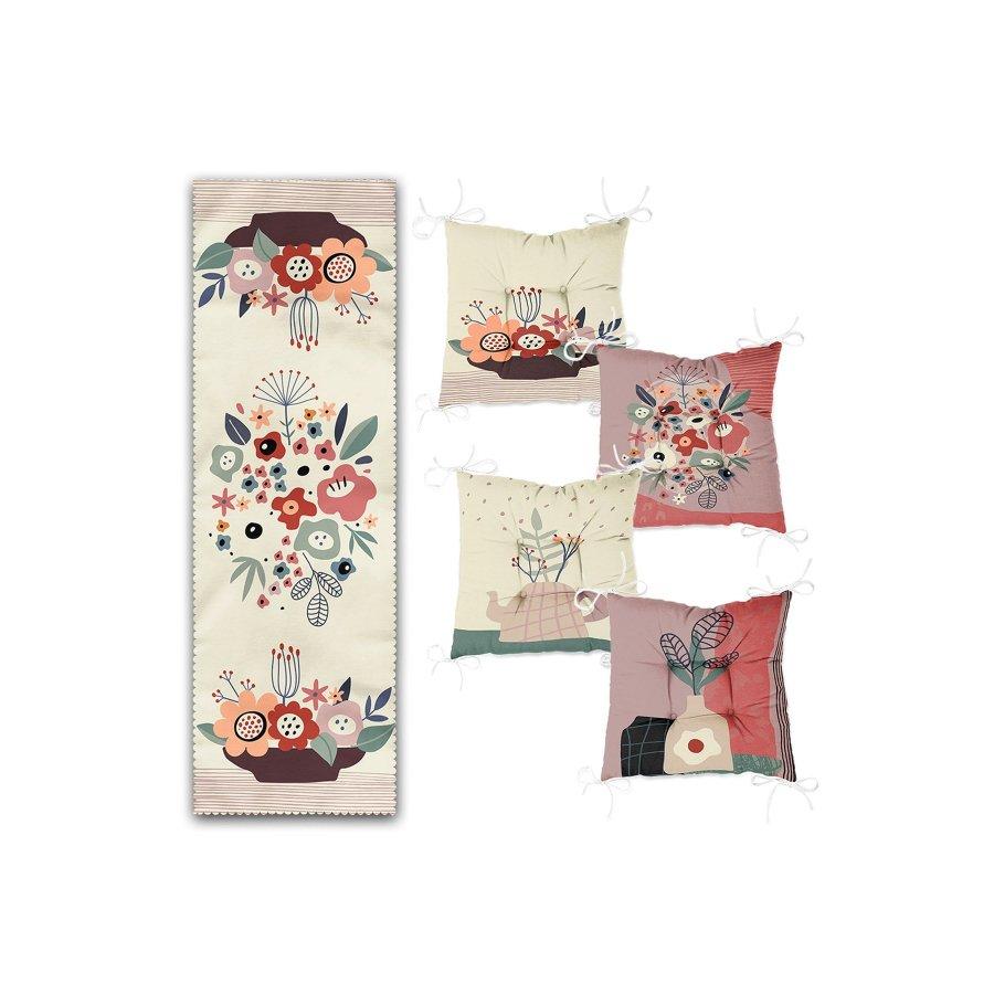 Набор подушек для стула с цветочным узором, цифровая печать / 4 квадратных подушки для стула 40 × 40 см и 1 дорожка