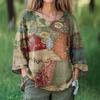 Ladies Spring Autumn Three-quarter Sleeves Round Collar Loose Printed Pullover T Shirt Top