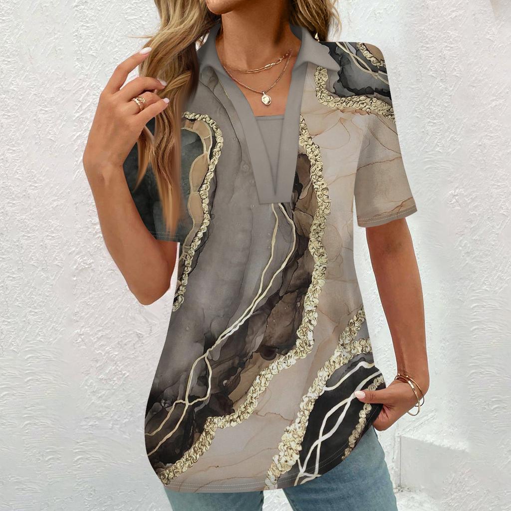 Женская модная повседневная рубашка с коротким рукавом с винтажным принтом на пуговицах, блузка