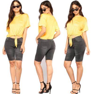 Классические синие байкерские брюки-стрейч с высокой талией и средней длиной из денима