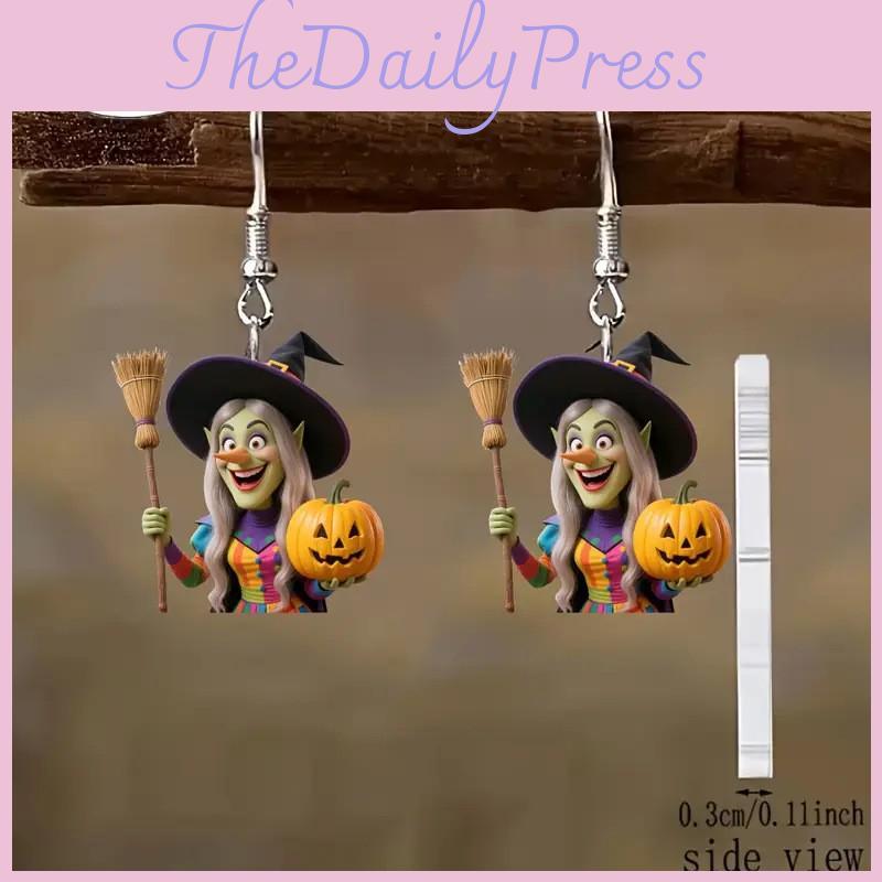 Halloween Theme Witch Broom And Pumpkin Pattern Women Earrings For Festival
