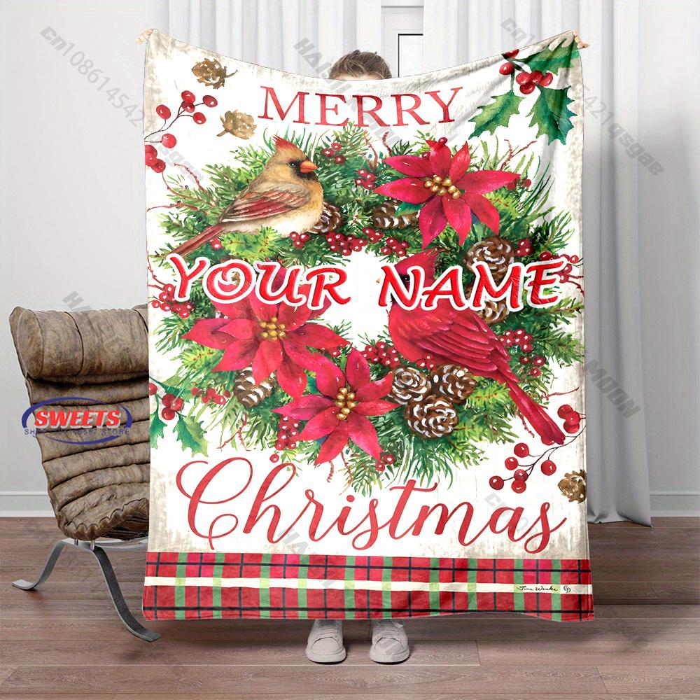 Custom Name Cardinal Birds Christmas Wreath Blanket Poinsettia Pine Cone Holly Print Flannel Blanket Merry Christmas Decor Gift