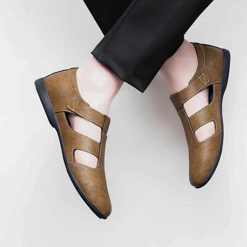 Men's Genuine Leather Hollow Out Sandals Breathable Summer Casual Footwear