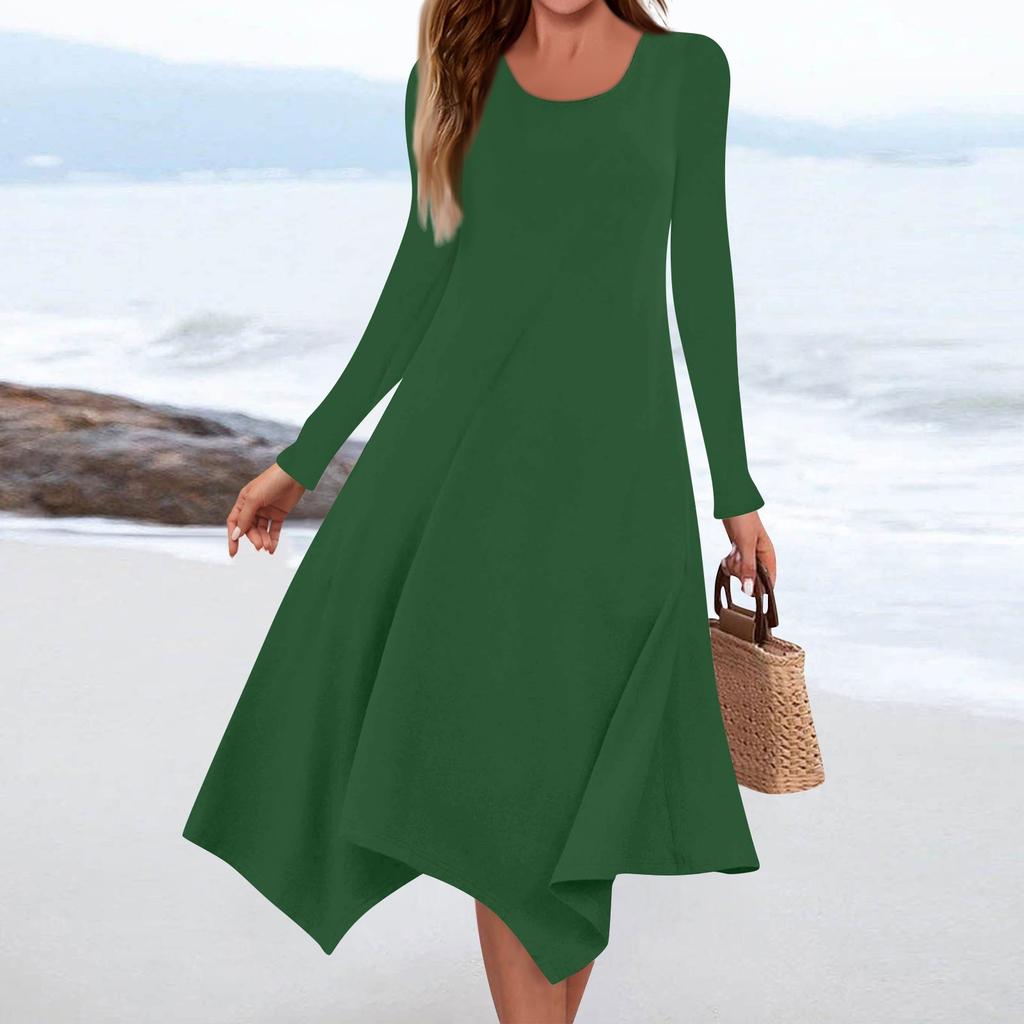 Women's Casual Fashion Round Neck Long Sleeve Solid Color Irregular Hem Midi Dress