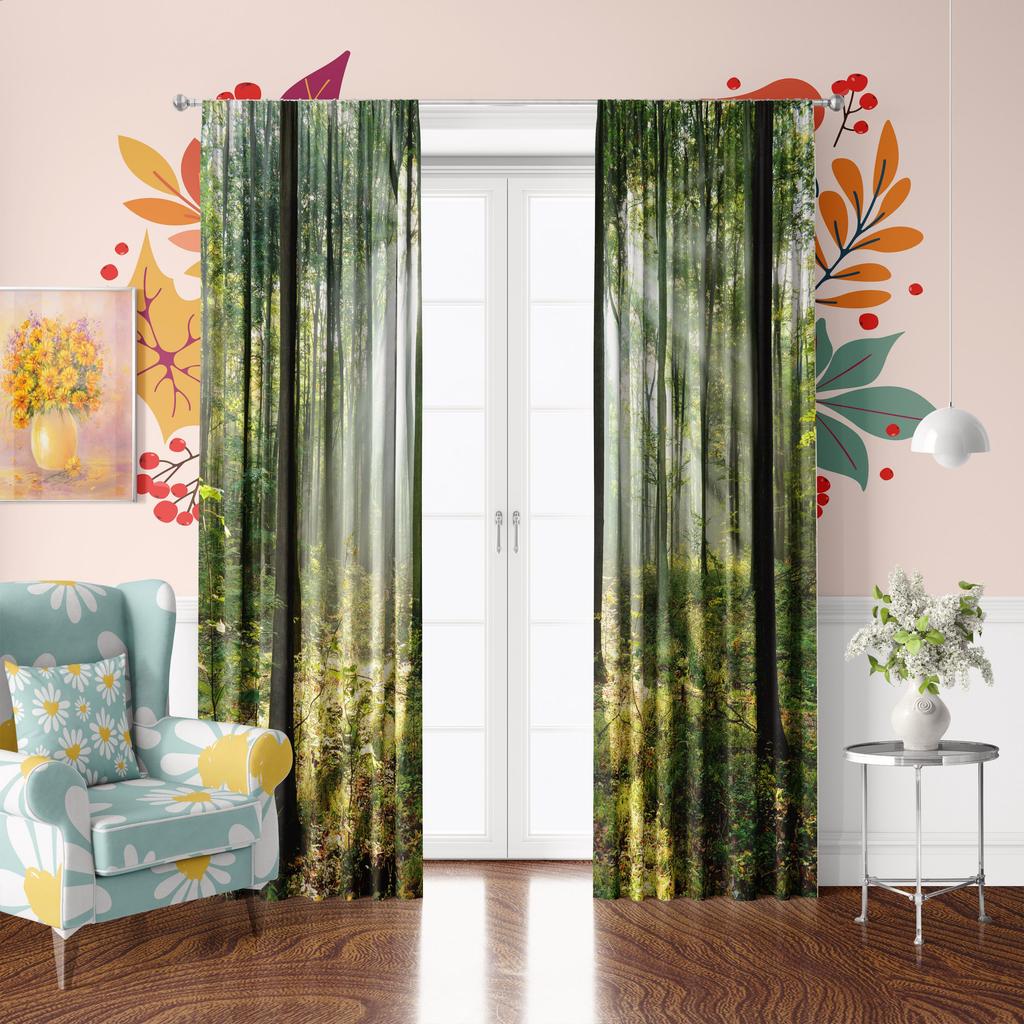 2 Pieces - Forest Print Curtain - Polyester Material - Suitable for Bedroom, Living Room, Study, Private Space