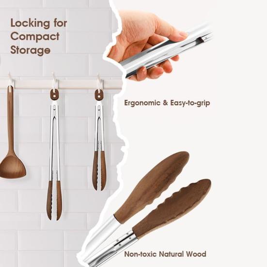 Wooden Tongs for Cooking Stainless Steel Kitchen Tongs Food Clip with Locking Mechanism