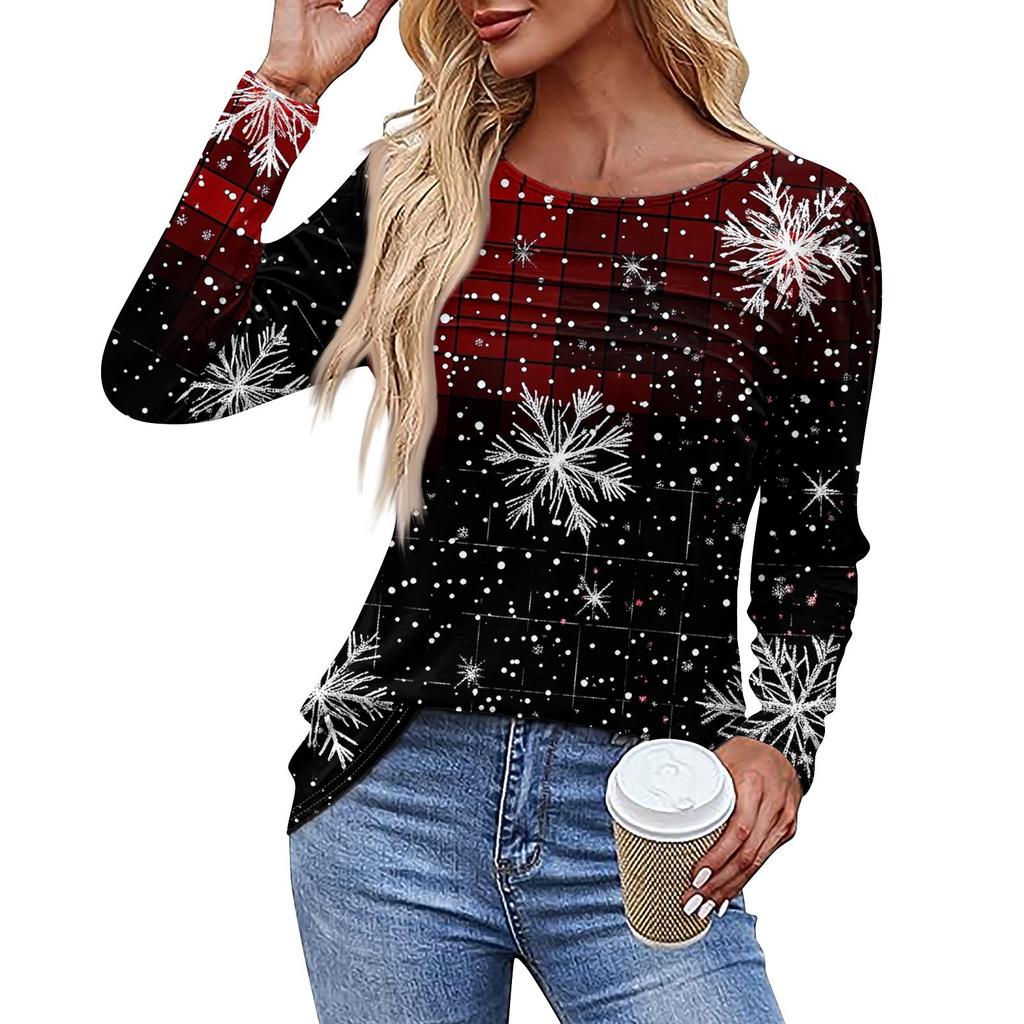 Ladies' Casual Fashion Printed Round Neck Long Pleated T-shirt Top Christmas