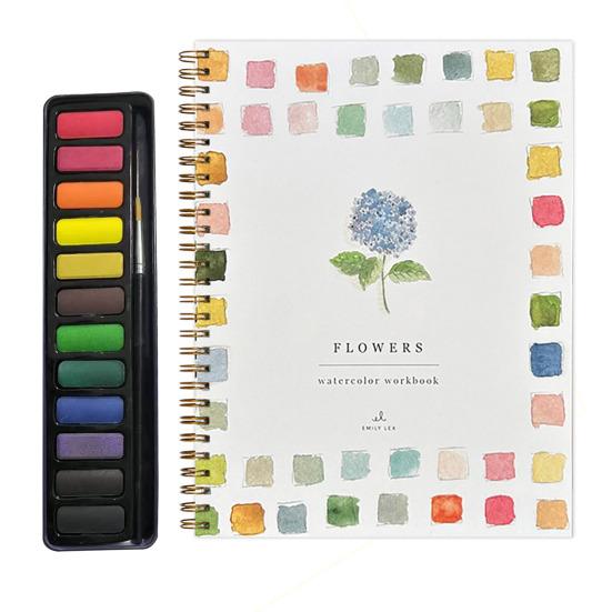 Watercolor Workbook 12 Colors Watercolor Painting Set with Paint Brush Beginner-Friendly Birds Animals Flowers Watercolor Book