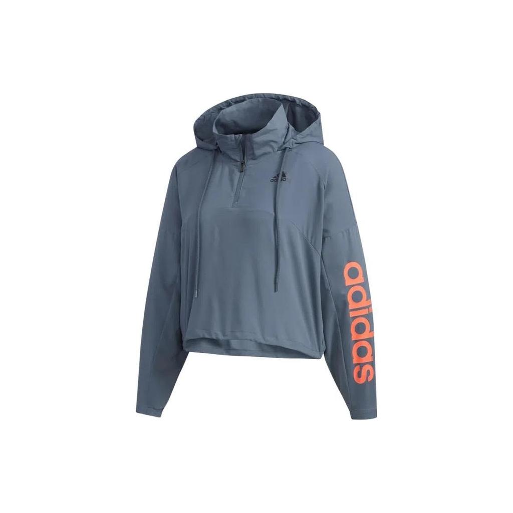 Adidas Logo Print Drawstring Hooded Jacket Women Jackets Blue GD4613