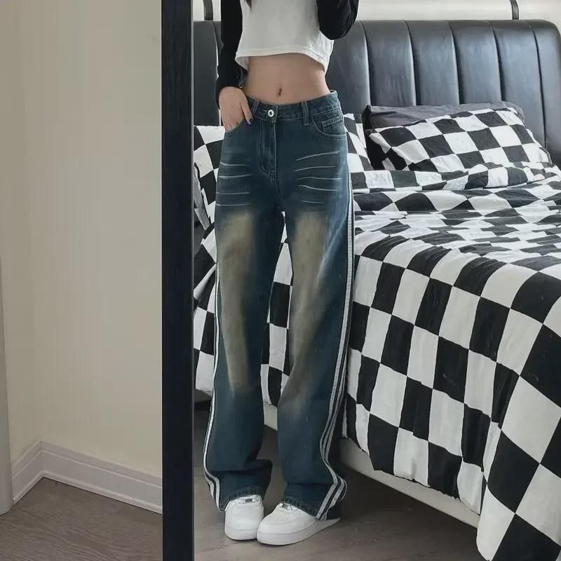 Женские джинсы широкого кроя с тремя полосками и потертостями – весенний американский уличный стиль, свободный крой, стираные, повседневные брюки.