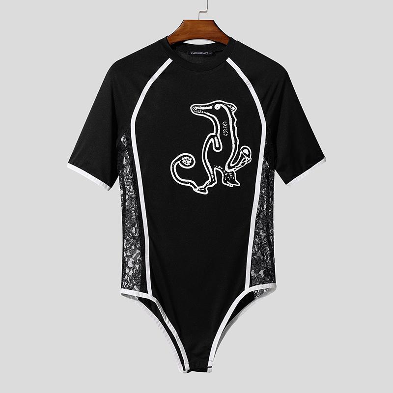 INCERUN Мужские комбинезоны с коротким рукавом, пэчворк с боковой шнуровкой, облегающие ромперы, домашняя одежда