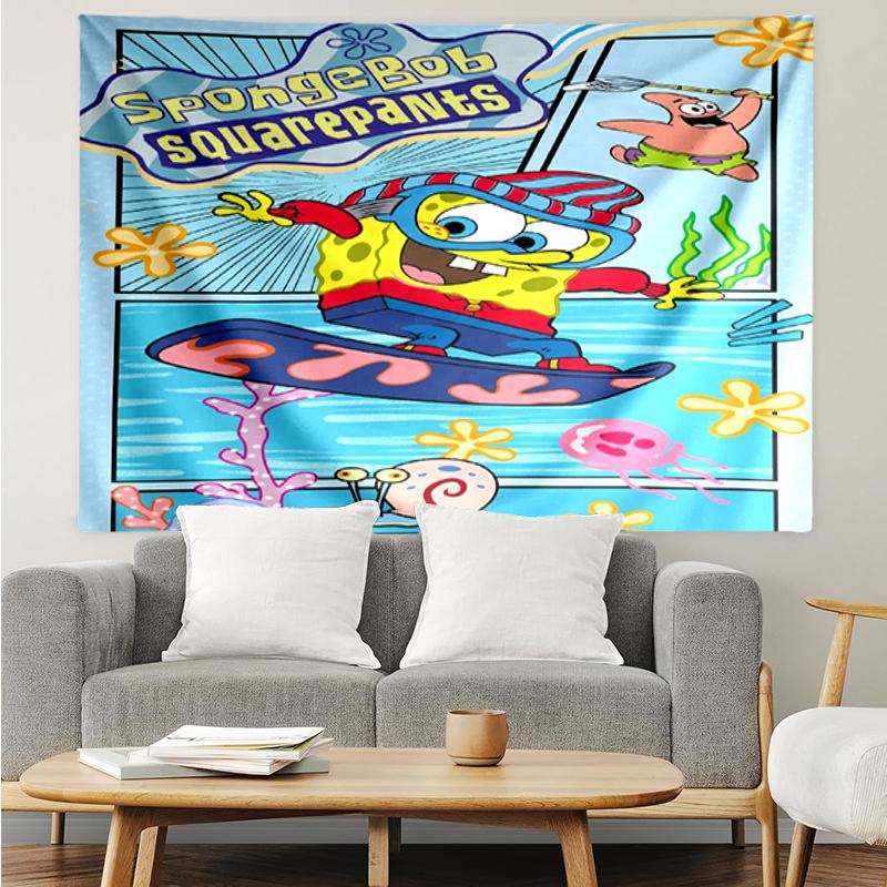 SpongeBob SquarePants Print Tapestry, Backdrop, Easy Setup, Ideal for Bedroom, Office & Living Room, with Aesthetic Wall Hanging Decor.
